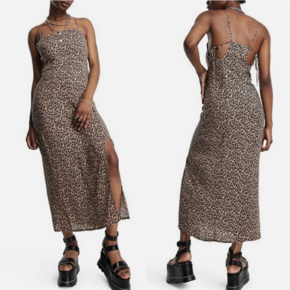 Topshop Brown Leopard Print Midi Slip Sheath Strappy Dress, Size 14